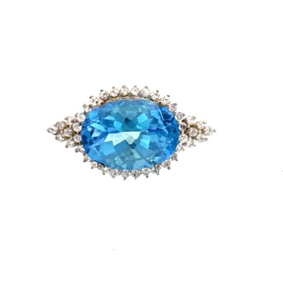 Vintage TGGC 925 Silver Pendant Unique Oval Blue Topaz with Cubic Zirconia Halo - Picture 1 of 11